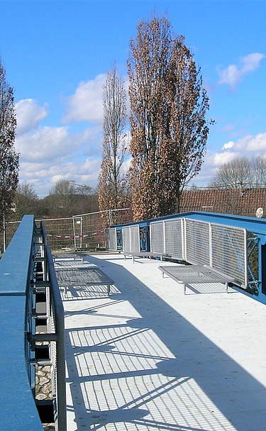 Foto von einer Stahlbrücke vor zwei Bäumen