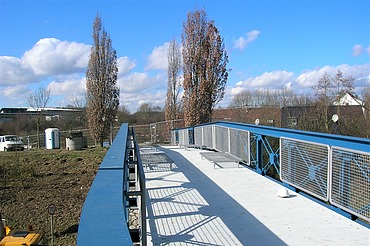 Foto von einer Stahlbrücke vor zwei Bäumen